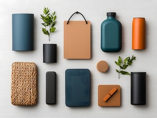 Poster - Minimalist flat lay photography featuring an assortment of storage containers in various shapes sizes and materials such as cardboard woven wicker and sleek metal pieces