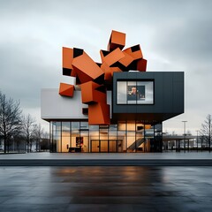 Poster - Modular and geometric facade of a contemporary art museum featuring a 3D wireframe rendering with abstract patterns natural lighting effects and a cinematic
