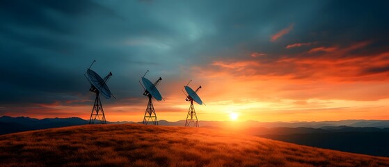 Poster - Monumental telecommunications tower with latticed framework and satellite dishes silhouetted against a breathtaking twilight sky ablaze with vivid otherworldly colors