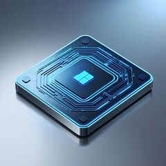 Poster - Innovative microchip design featuring advanced circuitry and glowing blue elements in a modern tech environment