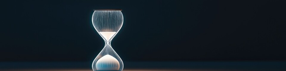 Poster - minimalistic hourglass drawn with thin glowing lines suspended on dark background with soft ambient lighting
