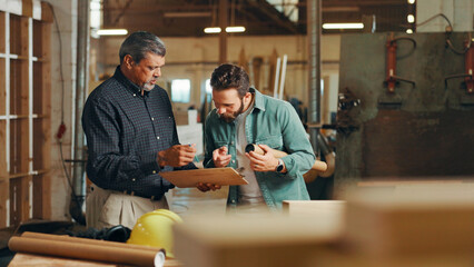 Aufkleber - Clipboard, teamwork or people in woodworking factory for warehouse inventory, plan or furniture production. Carpentry, carpenter or project progress update for timber, lumber or construction business