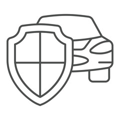 Fototapete - Car vehicle with guard emblem thin line icon, car service concept. Vector graphics. Automobile with protection shield sign on white background, outline style icon for mobile or web design.