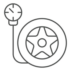 Poster - Wheel tire with pressure gauge thin line icon, car service concept. Vector graphics. Changing tires air pressure sign on white background, outline style icon for mobile or web design.