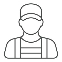Poster - Technician man with uniform thin line icon, car service concept. Vector graphics. Car mechanic repairman avatar sign on white background, outline style icon for mobile or web design.