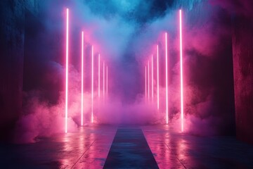 Fototapete - Colorful neon lights illuminate a foggy space with dramatic blue and red hues creating an immersive atmosphere suitable for events or performances