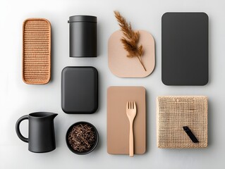 Poster - Overhead view of a curated collection of storage containers cardboard wicker and brushed metal in a range of geometric shapes and organic textures