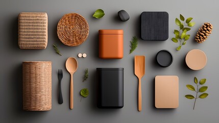 Poster - Overhead view of a neatly arranged assortment of storage containers including rustic wicker baskets sleek metal tins and boxy cardboard bins designed for efficient home organization and decor