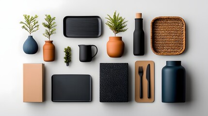 Poster - Overhead view of an arrangement of various minimalist storage containers boxes trays and baskets in a geometric layout with a muted color palette showcasing a mid century modern aesthetic and a tidy