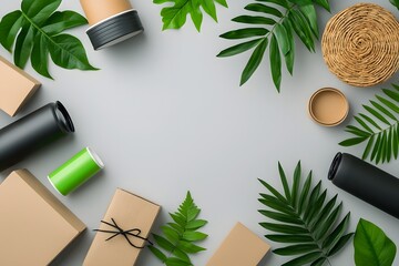 Poster - Overhead view of an arrangement of storage solutions including cardboard boxes wicker baskets and metallic containers curated for a tidy and artful home display with natural lighting