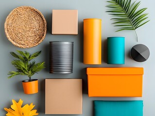 Poster - Overhead view of an eclectic mix of storage containers cardboard boxes wicker baskets and metallic canisters neatly arranged in a purposeful yet stylish display
