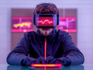 Aufkleber - Virtual Reality Experience Man Wearing VR Headset in a High-Tech Environment Engaging with Digital Data Visualizations