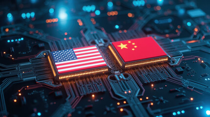 Poster - Digital circuit board with flags of USA and China, symbolizing tech rivalry