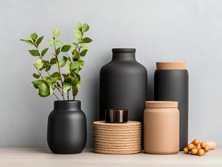 Poster - Stylish and minimalist Scandinavian inspired home decor setup featuring a variety of storage containers in different shapes textures and materials including cardboard wicker