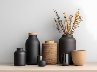 Poster - Stylish and organized display of various storage containers with diverse shapes textures and materials like wicker cardboard and metal