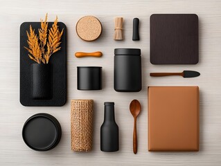 Poster - Stylish Assortment of Diverse Storage Containers in a Minimalist Flat Lay Photography Setup  Cardboard Wicker and Metal Pieces Arranged on a Light Wooden Surface for Organized and Trendy Home Decor