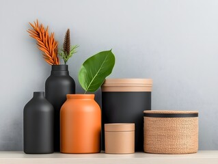 Poster - Stylish Collection of Diverse Storage Containers Boxes Bins and Baskets in Various Materials and Designs for Organized Home Decor and Minimalist Product Photography