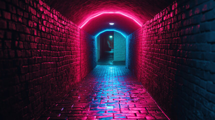 Poster - vibrant cyberpunk alleyway illuminated by neon lights creates futuristic atmosphere. wet cobblestone reflects colorful glow, enhancing mood