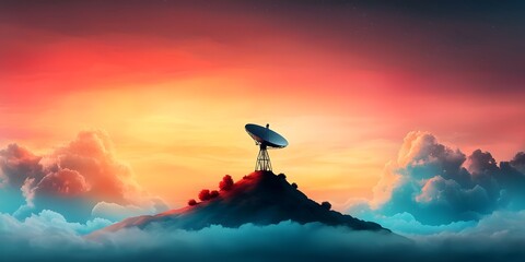 Poster - Towering radar installation with a massive rotating dish silhouetted by a breathtaking ethereal sunset sky with colorful atmospheric effects  Digital painting in a vibrant sci fi aesthetic