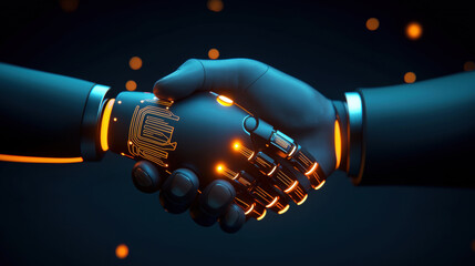 Poster - futuristic handshake between human hand and robotic hand, symbolizing collaboration and technology