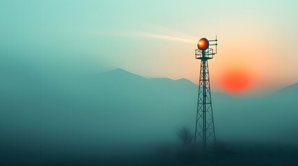Poster - Transmission mast silhouetted against a mesmerizing gradient filled sky in an abandoned desert landscape  The cinematic lighting and retrofuturistic sci fi aesthetic create a dramatic ominous