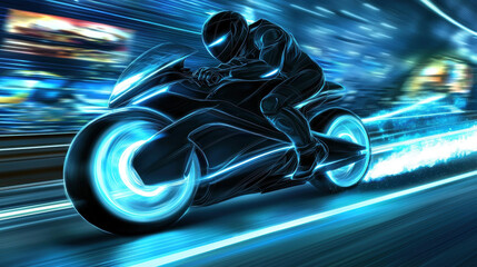 Poster - dynamic anime illustration of futuristic motorcycle racing through neon lit cityscape, showcasing speed and excitement