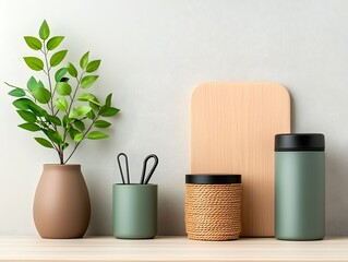Poster - Varied storage containers including cardboard wicker and metal pieces showcased in a flat lay arrangement on a light wooden table