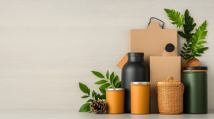 Poster - Variety of earthy textural storage containers   including cardboard crates wicker bins and metallic tins   thoughtfully arranged on a light wooden surface