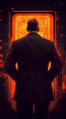 Aufkleber - Mysterious Man in Suit Observing Data from a High-Tech Interface Urban Setting Digital Artwork Futuristic Vibe