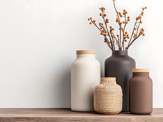 Poster - Variety of storage containers and decorative accents in different shapes textures and materials including cardboard wicker and metal