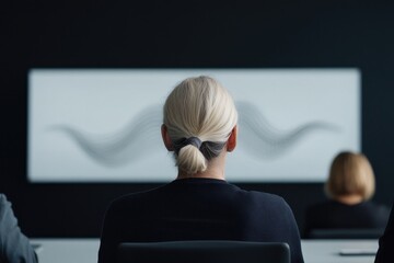 Poster - professional scene of business meeting with diverse individuals analyzing global trade data on large screen