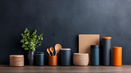 Poster - Variety of storage vessels including cardboard boxes woven wicker baskets and metal canisters displayed in a flat composition on a light toned wooden tabletop