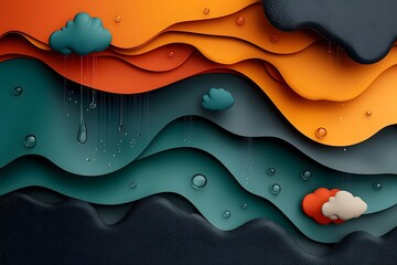 Poster - Vibrant undulating topographic landscape with dynamic visualization of rainfall data and weather information presented in a surreal impressionistic digital art style with a moody