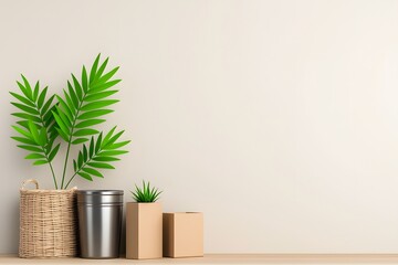 Poster - Visually appealing and functional home decor scene featuring an arrangement of various storage solutions including cardboard boxes wicker baskets