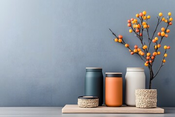 Poster - Visually appealing arrangement of various storage containers including cardboard boxes wicker baskets and metallic canisters positioned on a wooden tabletop