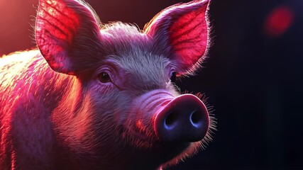 Wall Mural - Pink pig with red light behind it. Black and white pig with black background. A man is glaring at a light glare from his head. A rosy pig illuminated by a red light in the lifestyle background.
