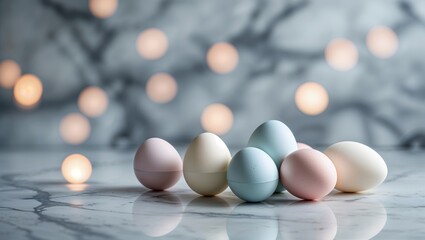 Poster - Soft pastels in a serene arrangement on a marble surface with blurred lights creating a calm atmosphere