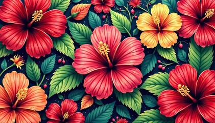 Wall Mural - Bold hibiscus motif, repeating design, rich color palette , graphic, vector