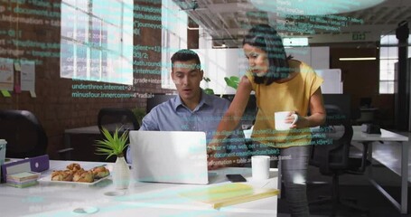 Poster - Collaborating at desk, business professionals with digital code animation in office