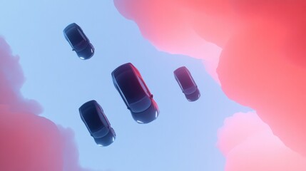 Poster - surreal image of cars arranged in futuristic cityscape surrounded by abstract glowing elements and generous copy space