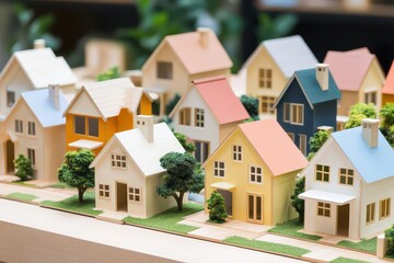 Colorful miniature houses arranged on a table with greenery in the background, showcasing design