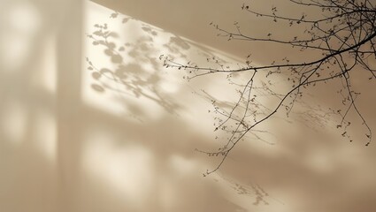 Poster - Shadows of bare branches create a delicate pattern on a neutral wall in soft afternoon light