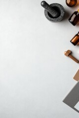 Poster - vibrant flat lay of pharmaceutical tools including mortar and pestle bottles and prescription pad on white surface