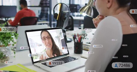 Poster - In office, person watching animation video call on laptop with social media icons
