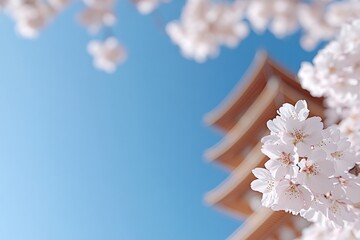 Poster - vibrant view of traditional pagoda surrounded by cherry blossoms in full bloom under bright blue sky