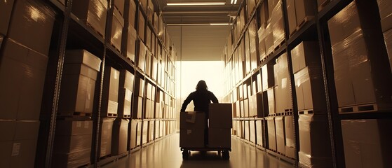 Poster - a worker is seen maneuvering a trolley through a modern industrial storage facility as cinematic lig