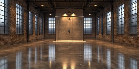 Poster - Modern industrial bathroom space with glass shower enclosure and polished concrete floor
