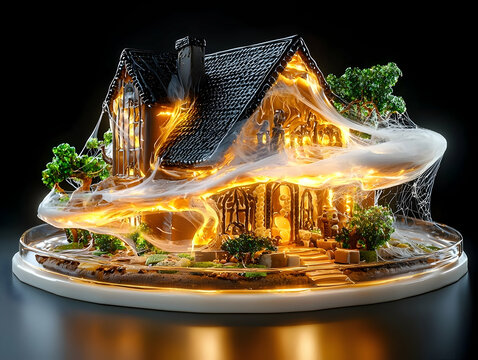 Illuminated Miniature House Model in Dark Setting