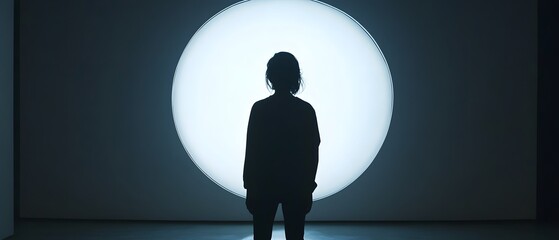 Poster - Dramatic silhouette of a person s profile against a circular light source creating a strong contrast and moody cinematic atmosphere with minimalist contemporary lighting design