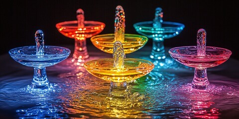 Poster - Colorful water droplets create a stunning light display in elegant glass bowls during a nighttime setting